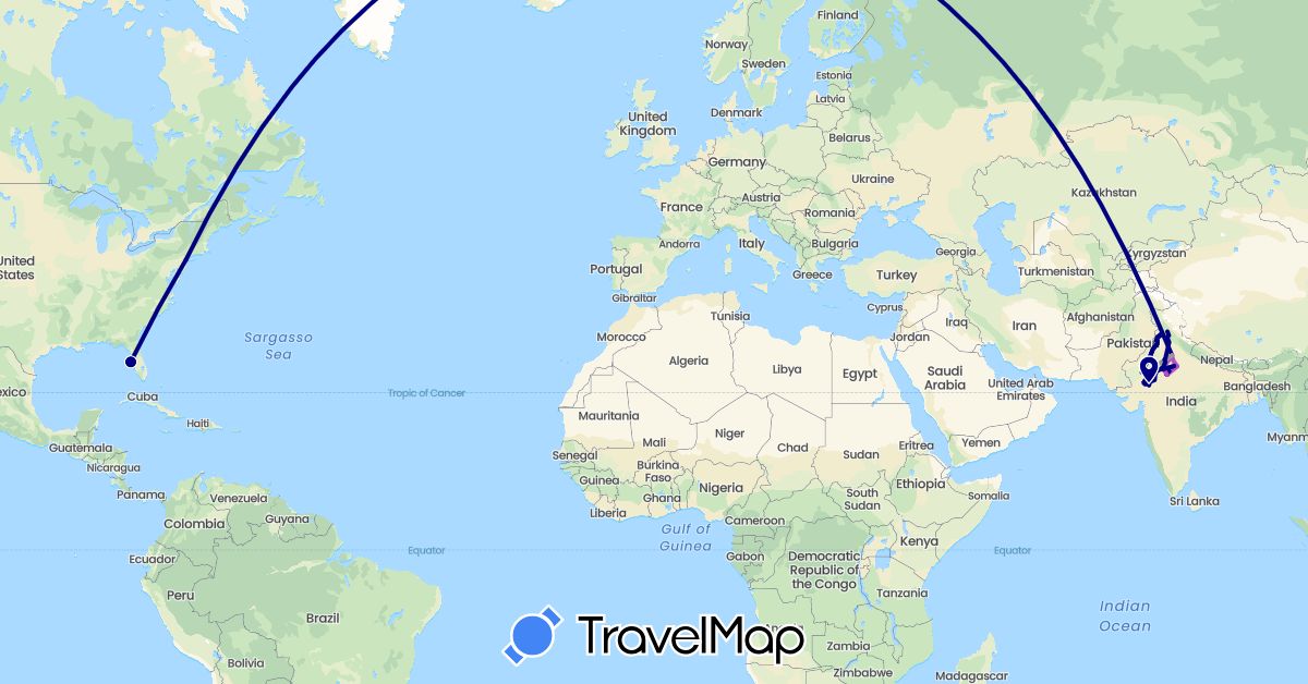 TravelMap itinerary: driving, plane, train in India, United States (Asia, North America)
