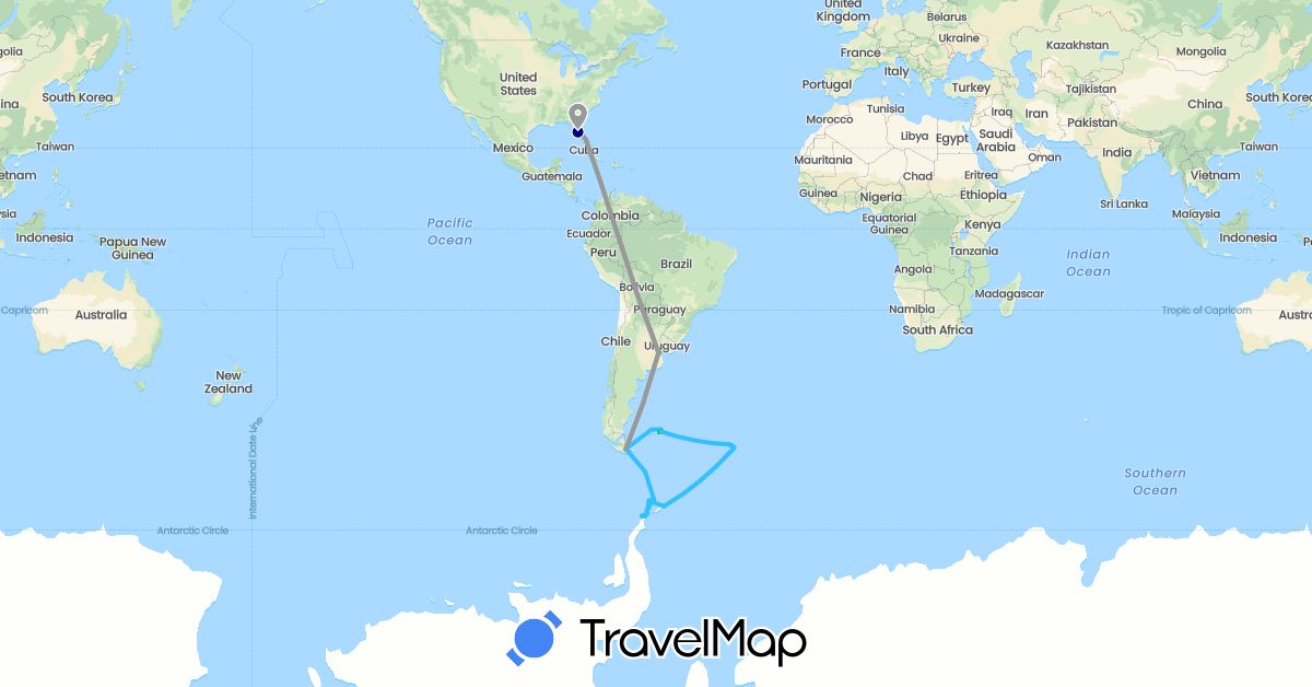 TravelMap itinerary: driving, bus, plane, boat in Argentina, Falkland Islands, South Georgia and the South Sandwich Islands, United States (Antarctica, North America, South America)