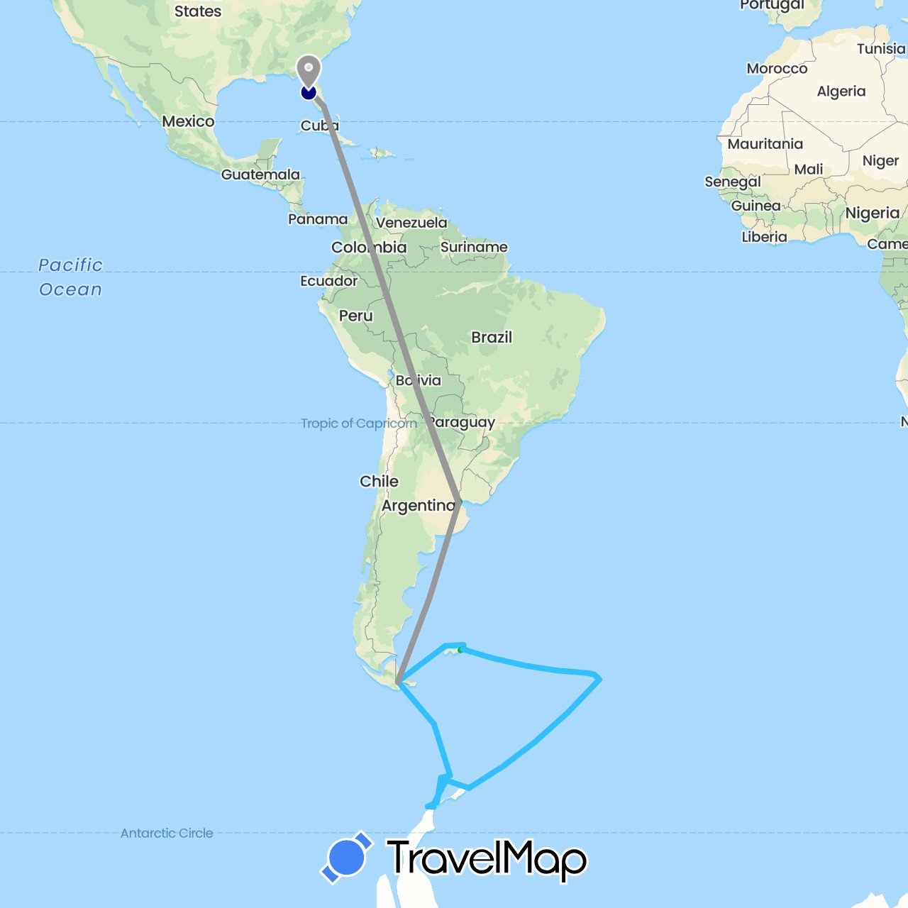 TravelMap itinerary: driving, bus, plane, boat in Argentina, Falkland Islands, South Georgia and the South Sandwich Islands, United States (Antarctica, North America, South America)