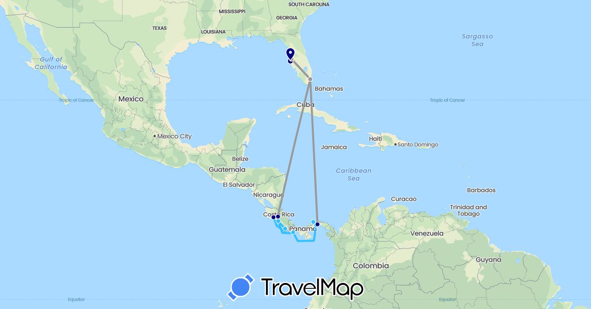 TravelMap itinerary: driving, plane, boat in Costa Rica, Panama, United States (North America)