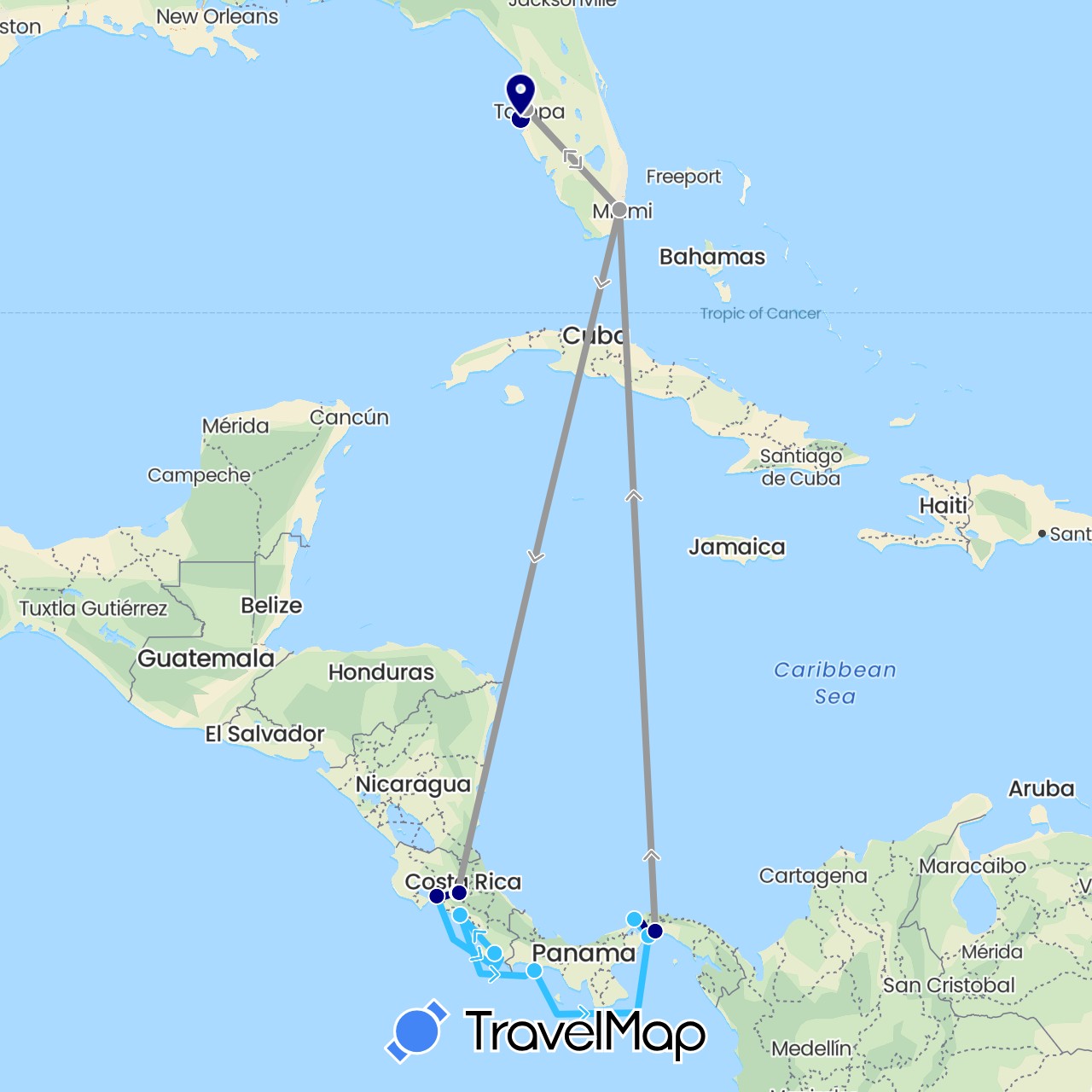 TravelMap itinerary: driving, plane, boat in Costa Rica, Panama, United States (North America)