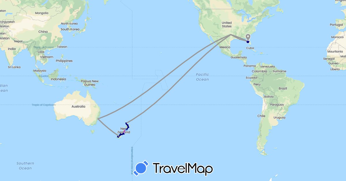 TravelMap itinerary: driving, plane, train, hiking, boat, walk in Australia, New Zealand, United States (North America, Oceania)