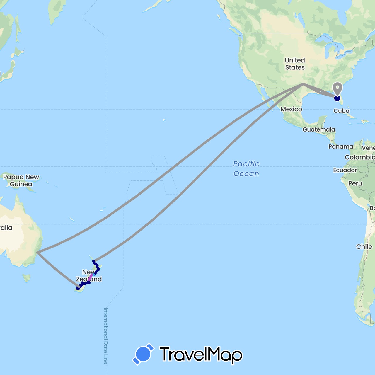 TravelMap itinerary: driving, plane, train, hiking, boat, walk in Australia, New Zealand, United States (North America, Oceania)